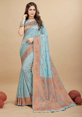 Sky blue silk blend banarasi saree with copper zari weaving, floral border 1