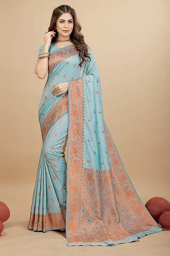 Sky blue silk blend banarasi saree with copper zari weaving, floral border