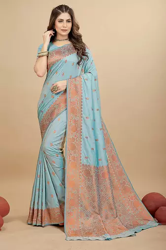 Sky blue silk blend banarasi saree with copper zari weaving, floral border