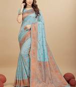 Sky blue silk blend banarasi saree with copper zari weaving, floral border