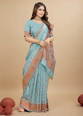Sky blue silk blend banarasi saree with copper zari weaving, floral border 2
