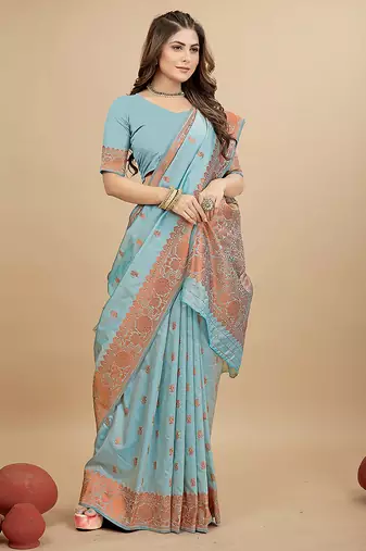 Sky blue silk blend banarasi saree with copper zari weaving, floral border