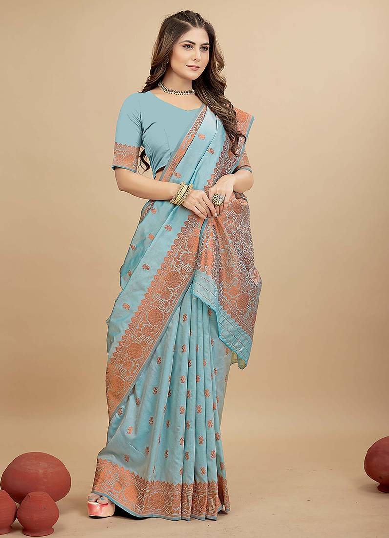 Sky blue silk blend banarasi saree with copper zari weaving, floral border