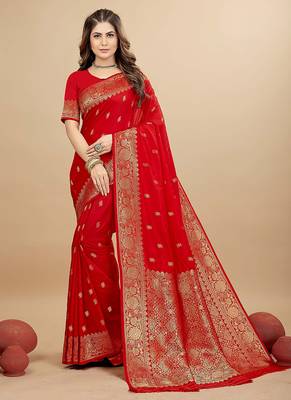 Red silk blend banarasi saree with copper zari weaving, floral border 1