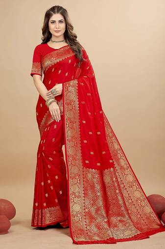 Red silk blend banarasi saree with copper zari weaving, floral border
