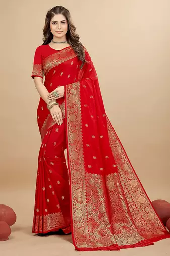Red silk blend banarasi saree with copper zari weaving, floral border