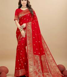 Red silk blend banarasi saree with copper zari weaving, floral border