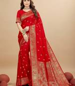 Red silk blend banarasi saree with copper zari weaving, floral border