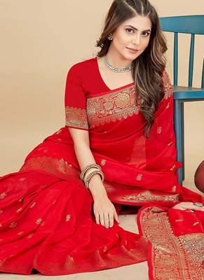 Red silk blend banarasi saree with copper zari weaving, floral border 2