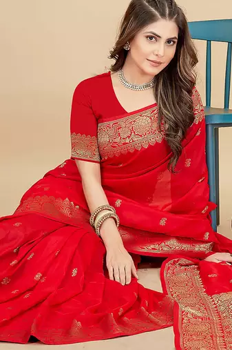 Red silk blend banarasi saree with copper zari weaving, floral border
