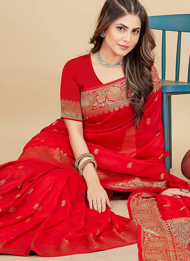 Red silk blend banarasi saree with copper zari weaving, floral border