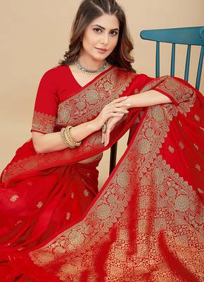 Red silk blend banarasi saree with copper zari weaving, floral border 3