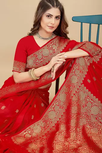 Red silk blend banarasi saree with copper zari weaving, floral border