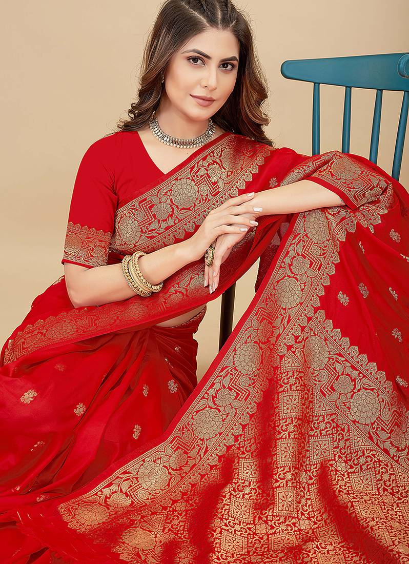 Red silk blend banarasi saree with copper zari weaving, floral border