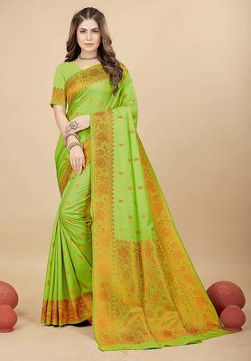Parrot green silk blend banarasi saree with copper zari weaving, floral border 1