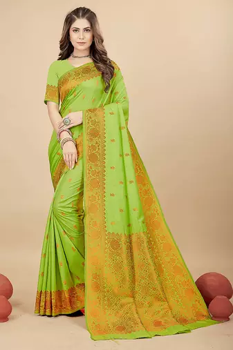 Parrot green silk blend banarasi saree with copper zari weaving, floral border
