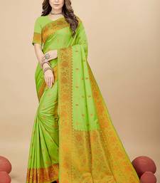 Parrot green silk blend banarasi saree with copper zari weaving, floral border