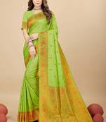 Parrot green silk blend banarasi saree with copper zari weaving, floral border