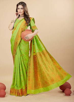 Parrot green silk blend banarasi saree with copper zari weaving, floral border 2