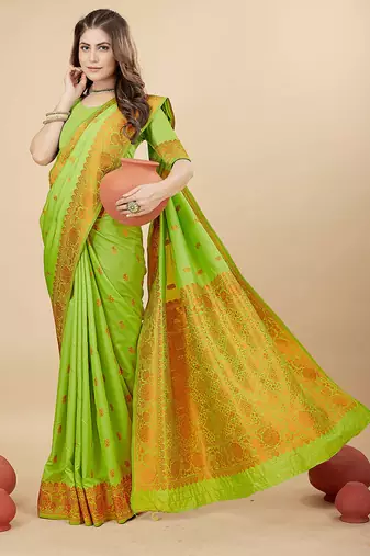 Parrot green silk blend banarasi saree with copper zari weaving, floral border