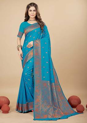 Sky blue silk blend banarasi saree with copper zari weaving, floral border 1