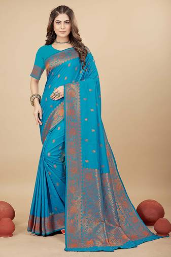 Sky blue silk blend banarasi saree with copper zari weaving, floral border