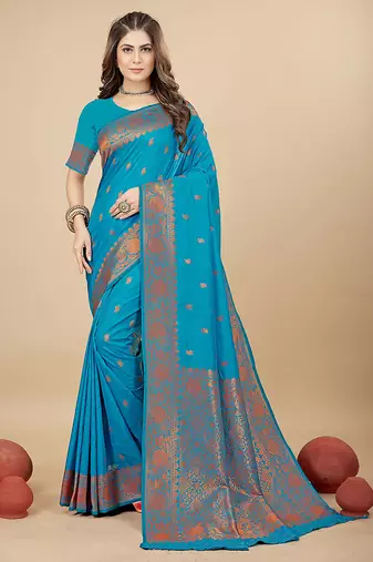 Sky blue silk blend banarasi saree with copper zari weaving, floral border