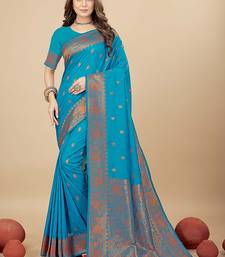 Sky blue silk blend banarasi saree with copper zari weaving, floral border