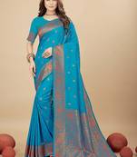 Sky blue silk blend banarasi saree with copper zari weaving, floral border