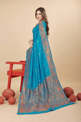 Sky blue silk blend banarasi saree with copper zari weaving, floral border 2