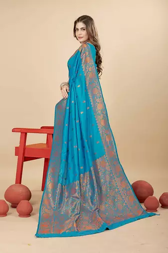 Sky blue silk blend banarasi saree with copper zari weaving, floral border