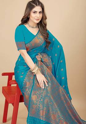 Sky blue silk blend banarasi saree with copper zari weaving, floral border 3