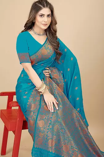 Sky blue silk blend banarasi saree with copper zari weaving, floral border