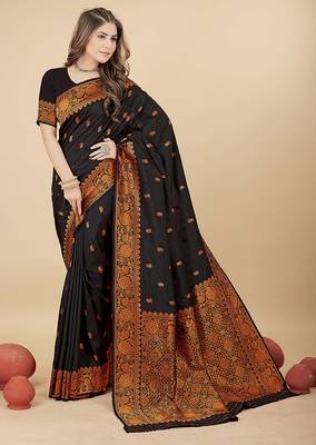 Black silk blend banarasi saree with copper zari weaving, floral border 1