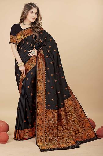 Black silk blend banarasi saree with copper zari weaving, floral border