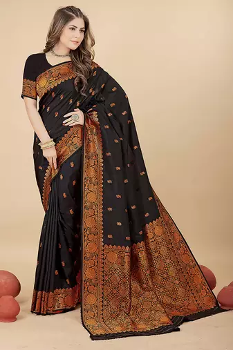 Black silk blend banarasi saree with copper zari weaving, floral border