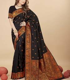 Black silk blend banarasi saree with copper zari weaving, floral border