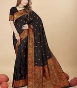 Black silk blend banarasi saree with copper zari weaving, floral border