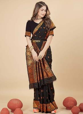 Black silk blend banarasi saree with copper zari weaving, floral border 2