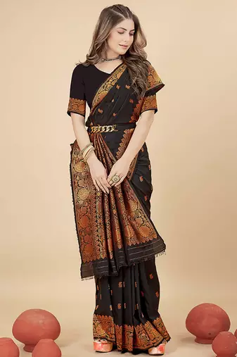 Black silk blend banarasi saree with copper zari weaving, floral border