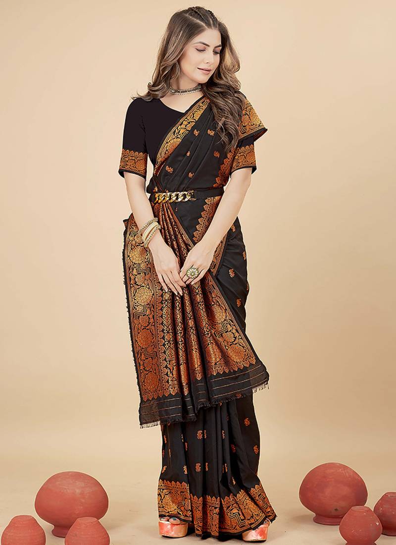 Black silk blend banarasi saree with copper zari weaving, floral border
