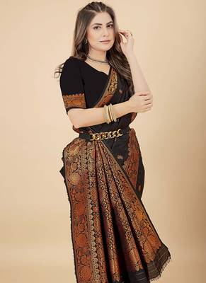 Black silk blend banarasi saree with copper zari weaving, floral border 3