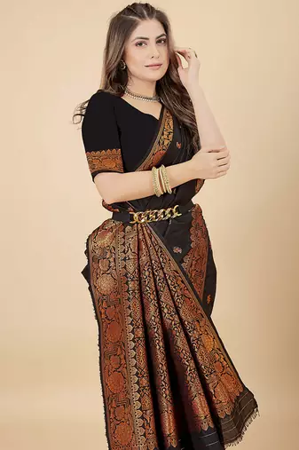 Black silk blend banarasi saree with copper zari weaving, floral border