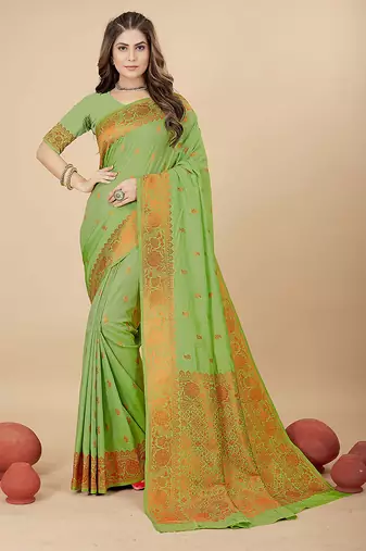 Light green silk blend banarasi saree with copper zari weaving, floral border