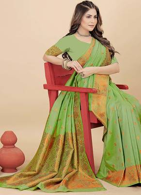 Light green silk blend banarasi saree with copper zari weaving, floral border 2