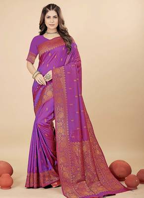 Magenta purple silk blend banarasi saree with copper zari weaving, floral border 1