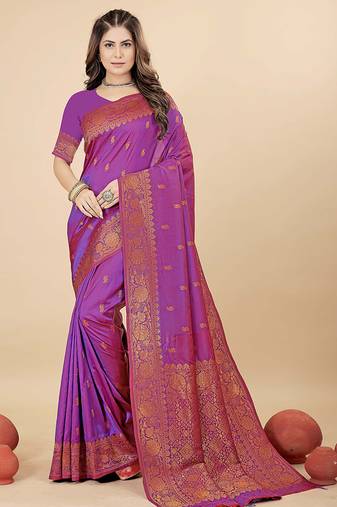 Magenta purple silk blend banarasi saree with copper zari weaving, floral border