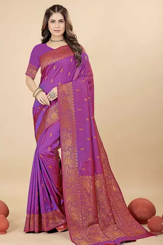 Magenta purple silk blend banarasi saree with copper zari weaving, floral border