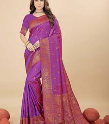 Magenta purple silk blend banarasi saree with copper zari weaving, floral border