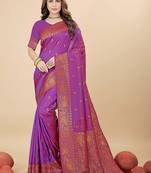 Magenta purple silk blend banarasi saree with copper zari weaving, floral border